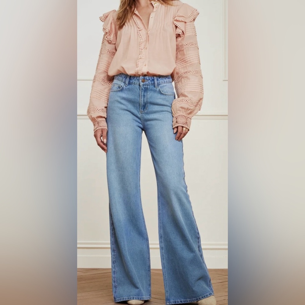 Fabienne Chapot Thea Wide Leg Denim Trouser with lilac embroidered hearts SZ28